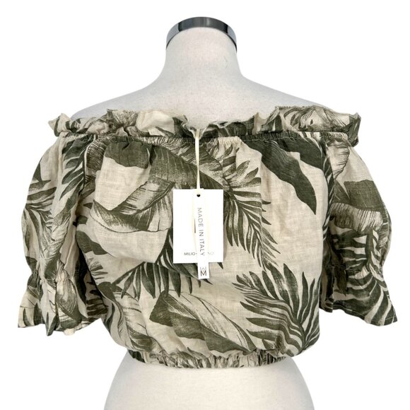 Milio Milano Linen Off-Shoulder Crop Blouse Tropical Green Cream Size Small NWT - Picture 5 of 9